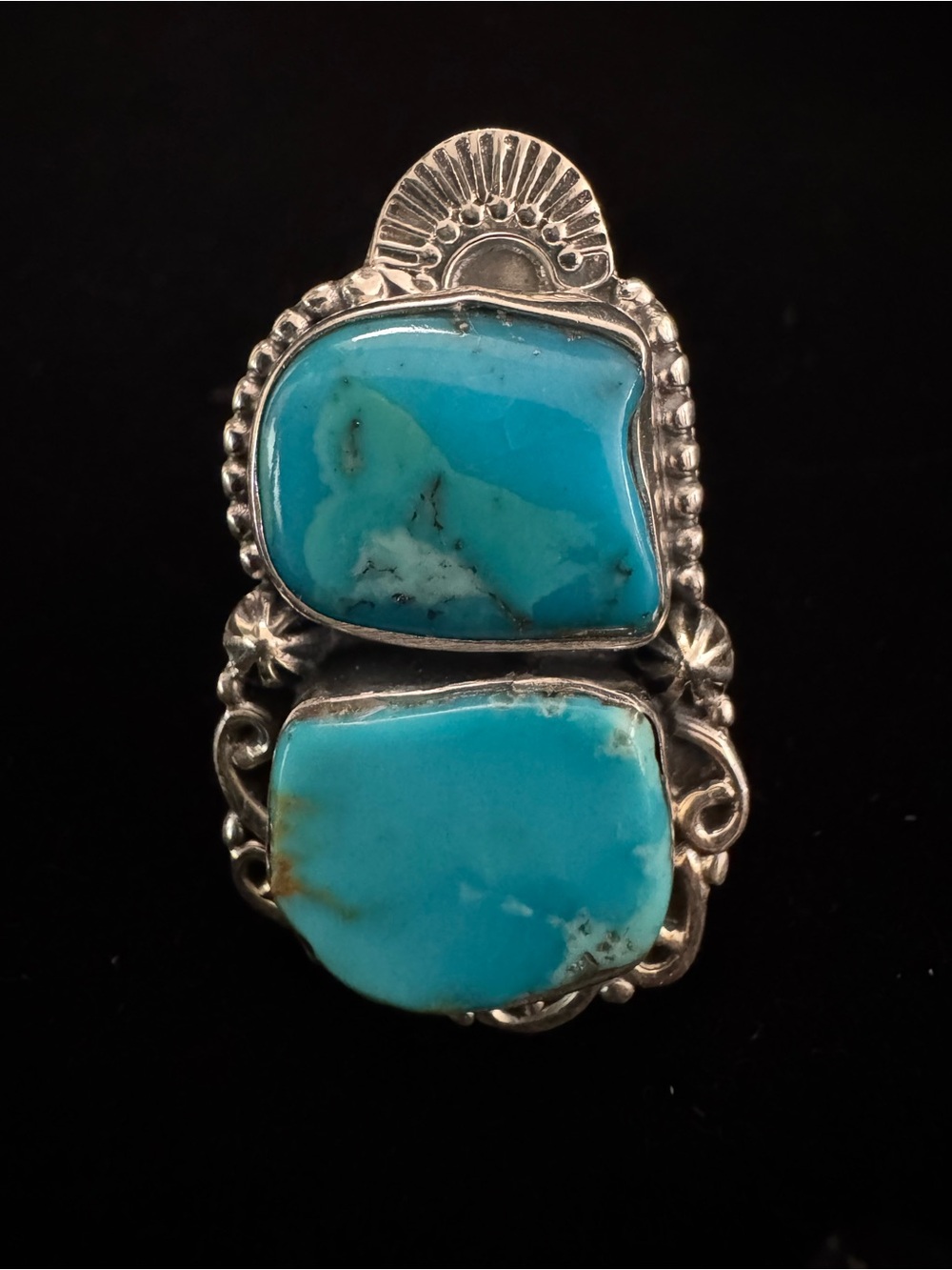 Genuine Kingman Turquoise Double Stone Sterling silver Ring Navajo native made.